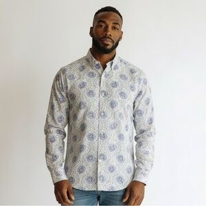 Thomas Dean Men's Blue and White Paisley Casual Button Down Shirt Size XL